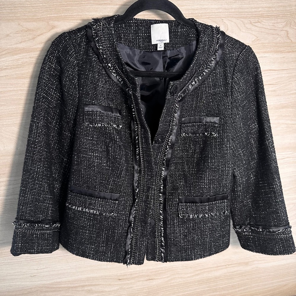 Halogen Black Textured Tweed Cropped Jacket, Satin Details & Fring Trim Size M